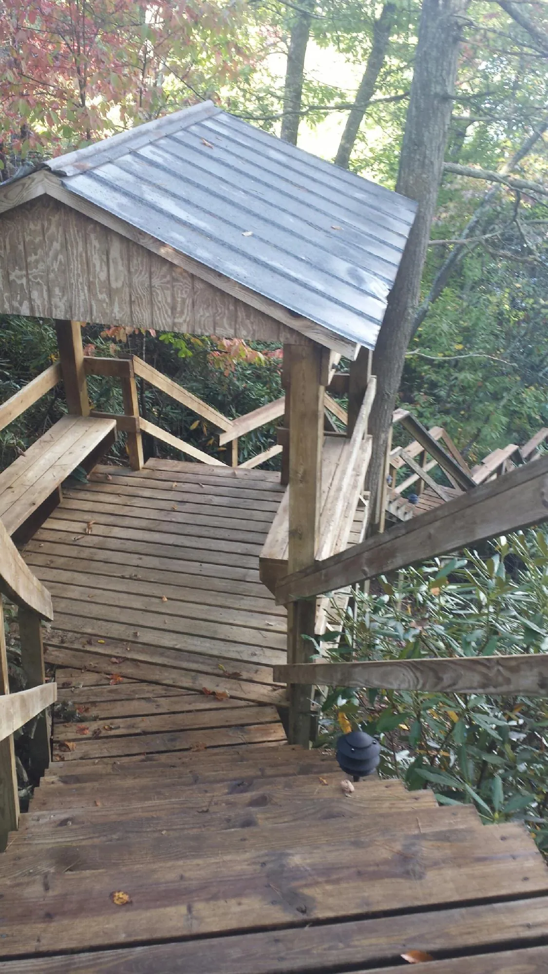 Metal roofed shelter over wooden steps on a wooded walkway — Skylight Repair & Installation work by our crew in Lawtell